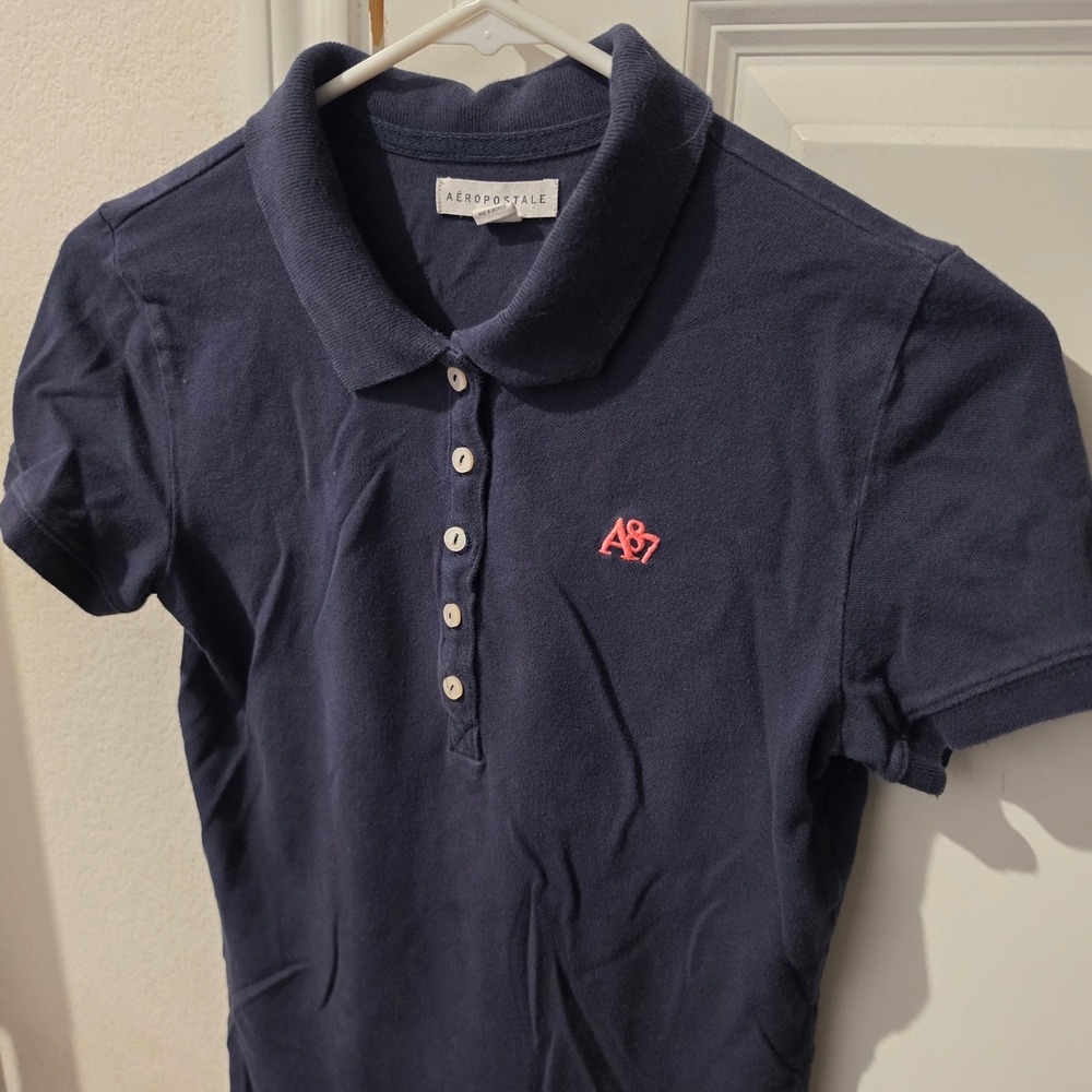 Aeropostale Womens Navy Blue Short Sleeve A87 Logo Pique Polo Shirt Medium